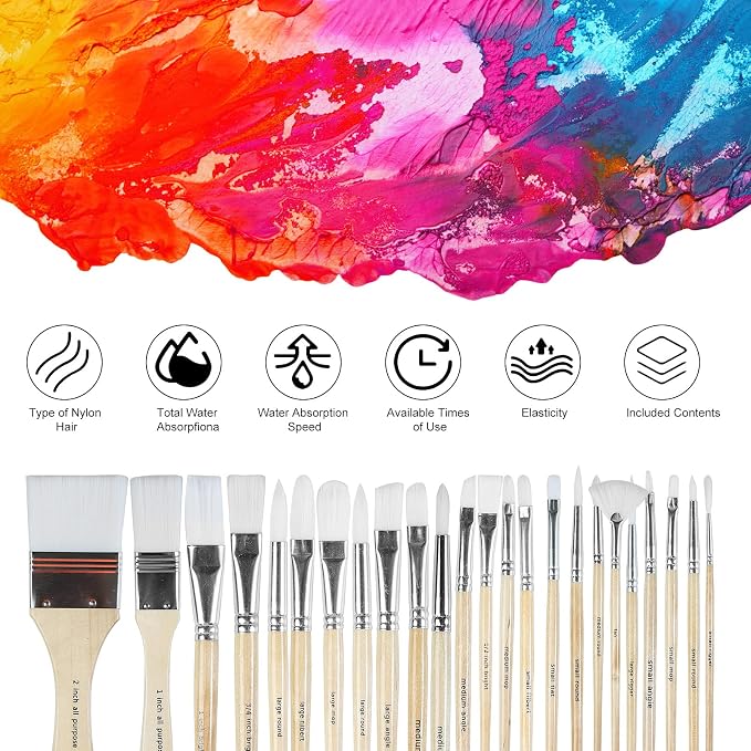 Paint Brushes Set of 24 Pieces with Canvas Brush Case | Wooden Handles, 24 Different Types of Brushes, Nylon Hair, Professional, Oil, Acrylic and Watercolor Painting