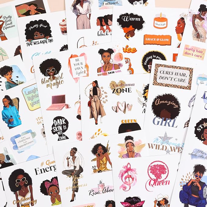 Black Girl Decal Sticker Book for Water Bottle: 260+ WaterProof Vinyl Motivational Stickers for Black Teen Girls & Women, 24 Pages for Journaling, Scrapbooking, Laptop, Self-Care & Inspirational Decor