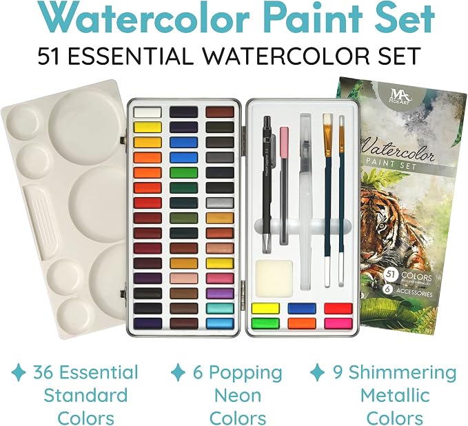 MozArt Supplies - Watercolor paint set 51 Vibrant Colors + accessories - For beginners & professionals | Complete Non-Toxic Watercolor Art Kit – 36 Classic, 9 Metallic, 9 Neon – Portable Metal Box & 7 Accessories for Artists