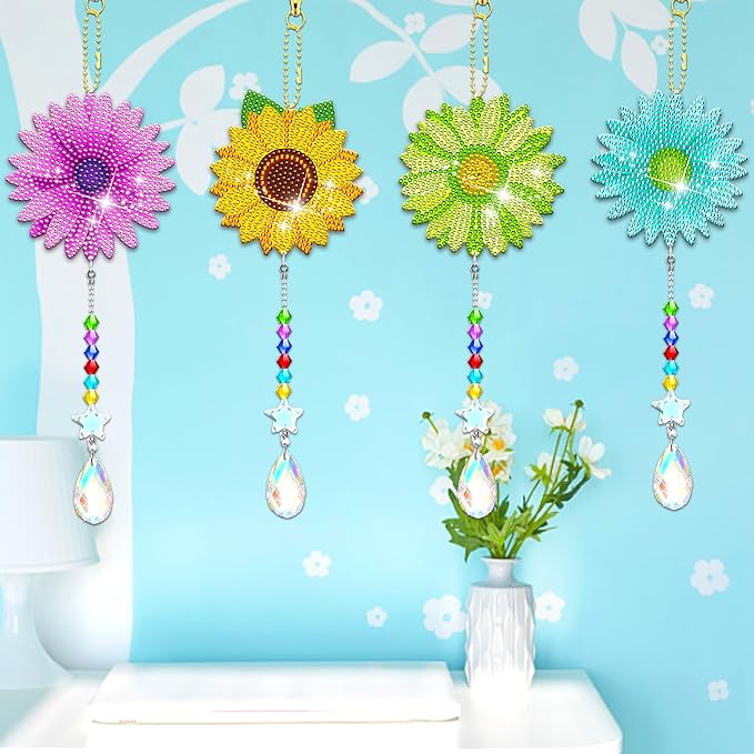 6 Pcs Daisy Diamonds Painting Wind Chimes Suncatcher Double Sided Flower Rhinestone Painting Wind Chime 5D DIY Crystal Diamond Painting Kits Paint by Number Hanging Ornaments Mom Gifts