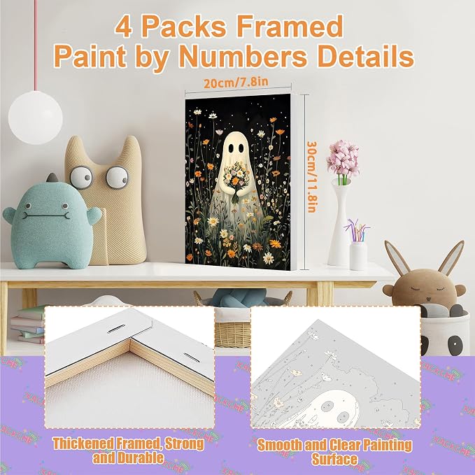 4 Pack Ghost Paint by Numbers for Adults with Framed Canvas - Wooden Easel | Halloween Paint by Number on Canvas, DIY Ghosts Acrylic Oil Painting Kits with Brushes for Home Wall Decor (8x12 inch)