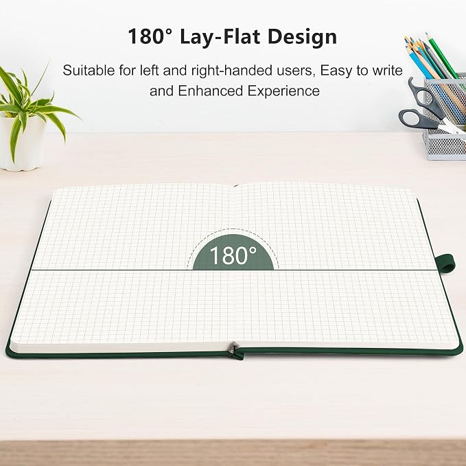 RETTACY Graph Grid Paper Notebook, 192 Pages, A5 Size (5.7'' x 8.3'') | 5 Squares per Inch, Leather Hardcover, 100 GSM Thick Paper, for School, Students, Math, Engineering (Dark green)