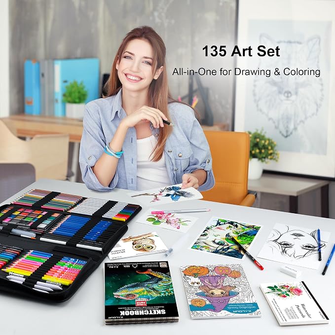 KALOUR 135 Drawing Set Sketching Kit,Art Supplies with 3-color Sketchbook & Coloring Paper,Include Tutorial, Oil Based, Neon,Graphite, Charcoal, Watercolor & Metallic Pencil,for Artist Adults Beginner
