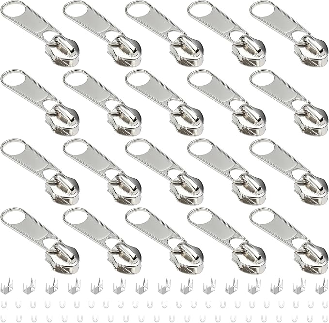 DOITEM 20Pcs Silver Zipper Repair Kit Zippers Replacement 5# Zipper Pull Rescue Kit for Clothing Jackets Purses Luggage Backpacks