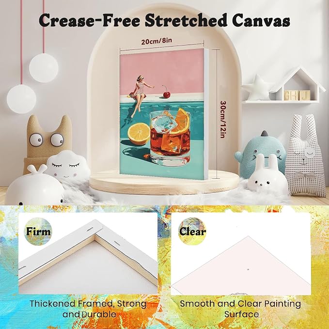 4 Pcs Cocktail Paint by Numbers for Adults with Frame Canvas - Wooden Easel | Cocktail Paint by Number for Beginners, Easy Acrylic Oil Painting on Canvas with Brushes for Home Wall Decor (8x12 inch)