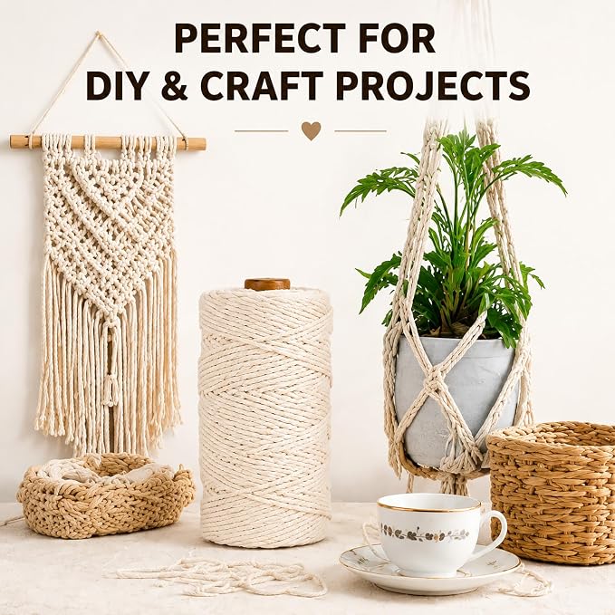 Natural Cotton Macrame Rope - 3mm x 109Yards (328Feet), 4 Strands Twisted Cotton Cord for Wall Hanging, Plant Hangers, Crafts, Gift Wrapping and Wedding Decorations, Beige