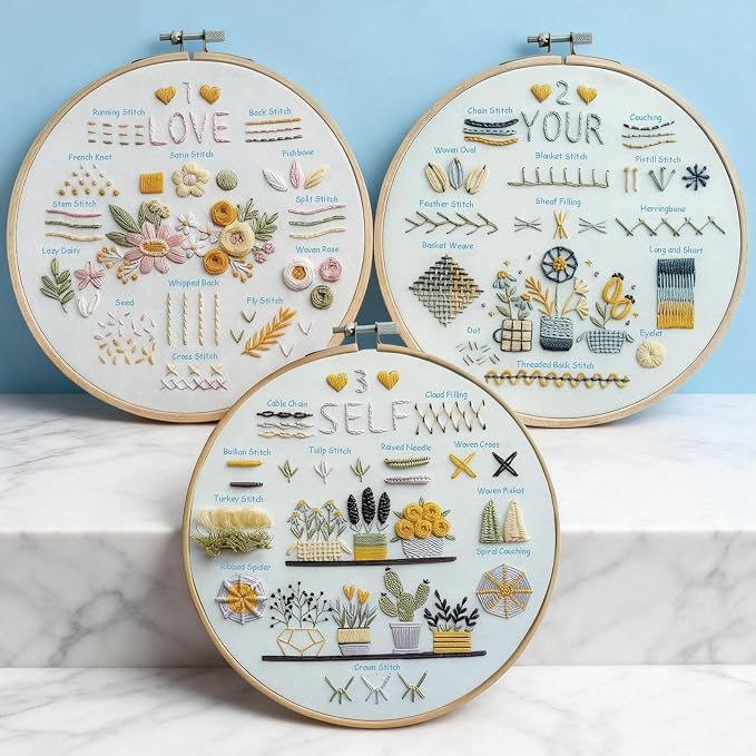 Embroidery Kit for Beginners,Learn 37 Stitches with Instructions & Video | Beginner-friendly step-by-step video tutorials included/Water-soluble ink/beginner embroidery kit/complete embroidery set