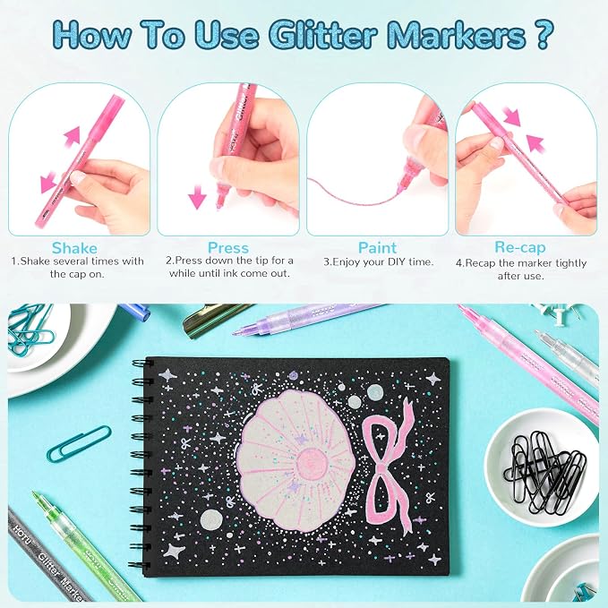 HOTU Glitter Paint Pens, 24 Assorted Sparkly Colors 0.7mm Extra Fine Tip