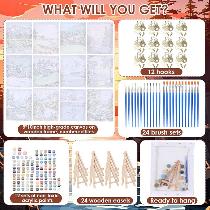 RoundFunny 12 Set Paint by Numbers Kit for Adults Landscape Painting 8x10 | with Wooden Frame Easel Acrylic Paints Brushes Watercolor Oil, DIY Stress Relief Paint by Number for Beginner Home Wall Decor