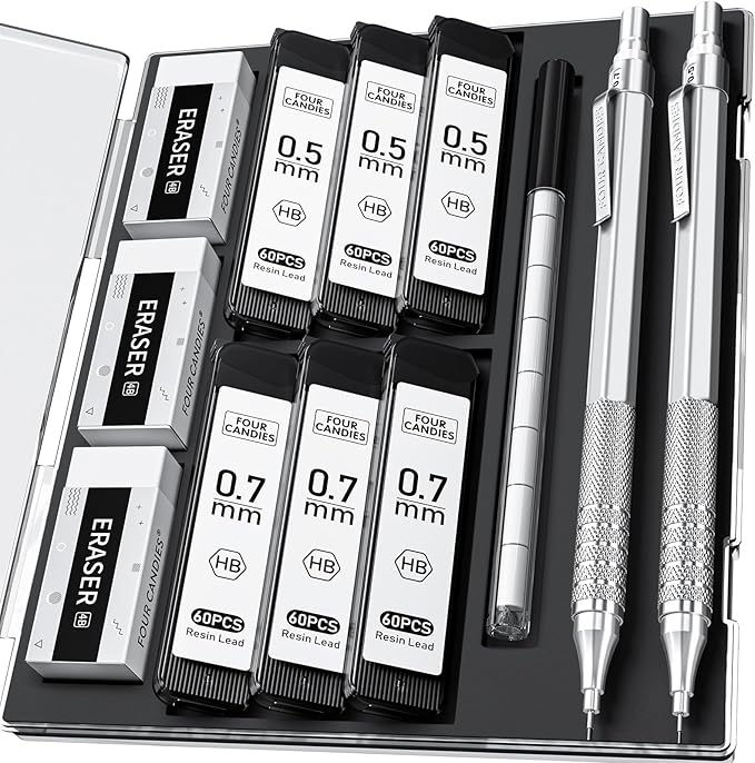 2PCS Metal Mechanical Pencil Set, 0.5mm+0.7mm, Storage Case, Silver