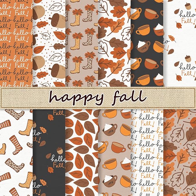 JarThenaAMCS 24 Sheets Fall Pattern Paper Maple Leaves Boots Double-Sided Scrapbook Specialty Paper for Thanksgiving Autumn DIY Crafts Card Making Photo Album Journal Decor, 6 x 6 Inch