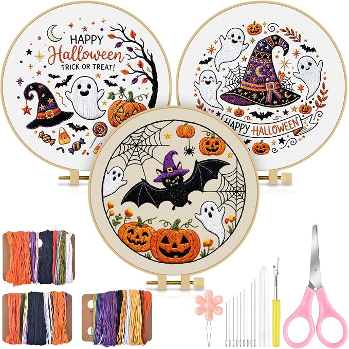TINDTOP Halloween Embroidery Kit for Adult, 3 Pack Embroidery DIY Starter Kit, with Stamped Patterns, Hoop, Tools, Colorful Threads with Needles, Instructions