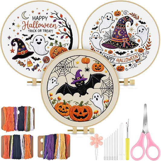 TINDTOP Halloween Embroidery Kit for Adult, 3 Pack Embroidery DIY Starter Kit, with Stamped Patterns, Hoop, Tools, Colorful Threads with Needles, Instructions
