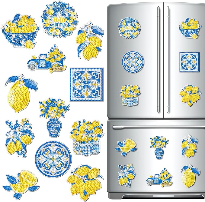 Zonon 12 Pcs Diamond Art Magnets Kit Lemon Mediterranean DIY Blue Yellow | Italian Capri Tiles Lemons Iris, Summer Fridge Decor, Diamond Painting Kit for Kitchen Amalfi Mediterranean Theme