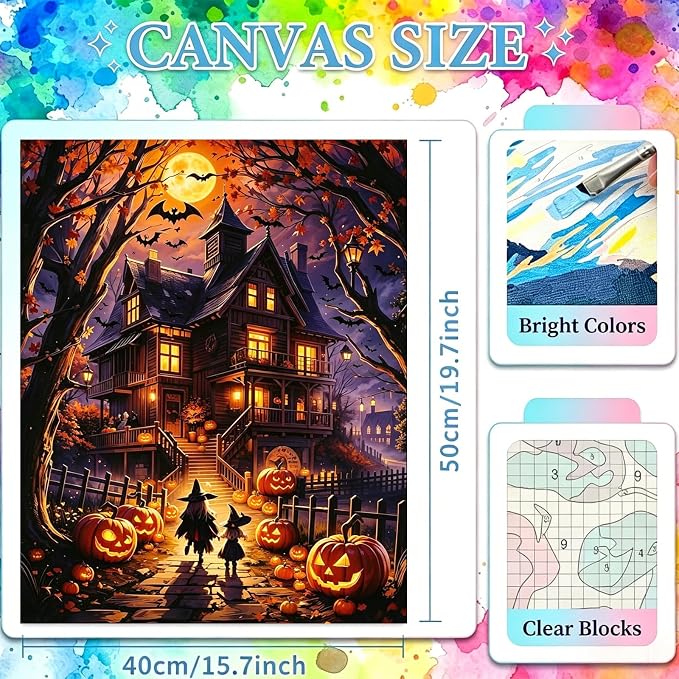 YarnWhimsy Halloween House Paint by Numbers Kit for Adults 16x20 inch