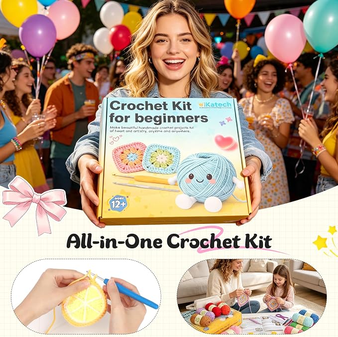 Katech Crochet Kit for Beginners Adults Kids-Crochet Starter Kit-Ideal Gift | Complete Crochet Set Includes Cotton Yarn for Crocheting, Crochet Hooks, Accessories, Tutorials, Gift Box