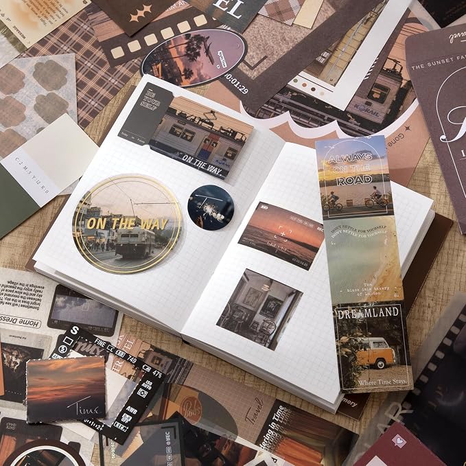 Travel Scrapbook Photo Album Supplies Kit with Tweezers and Glue Tape, Aesthetic Vintage Junk Journal Scrapbooking Paper, Sticker Pack, Notebook Craft Supplies, DIY Gift for Adult Men Women (Traveler)