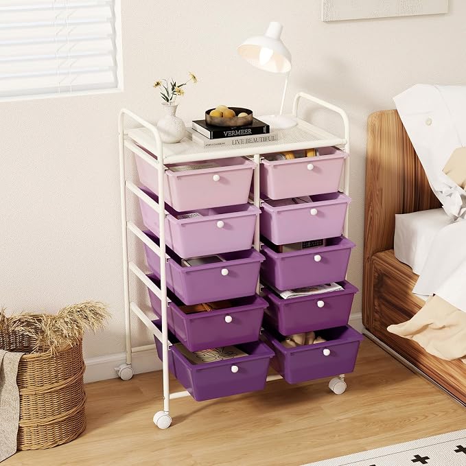 LDAILY 10 Drawer Rolling Cart, Storage Cart Organizer on Wheels, Drawer Cart with Metal Frame & Large Storage Capacity, Rolling Cart with Drawers for Living Room Classroom, Office