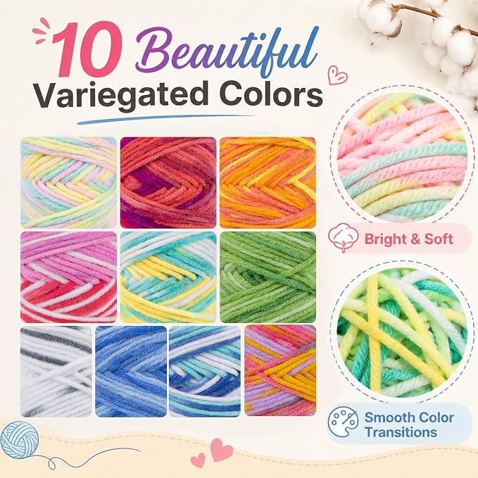 MAQIHAN 10x15g Ombre Yarn for Crocheting - Soft Cotton Yarn for Knitting | Multicolor Variegated Yarn Skeins for Handicrafts, Assorted Vibrant Colors for Crochet & Knitting Beginners, Adults