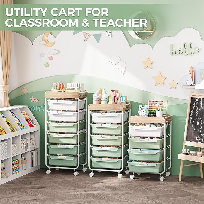 SYKIARIOL Utility Cart with Drawers,Craft Cart with 5 Drawers,Green | Art Supply Organizer,Rolling Drawer Cart,Craft Storage Cart,Storage Drawer Carts With DIY Lable and Wooden Tabletop Area