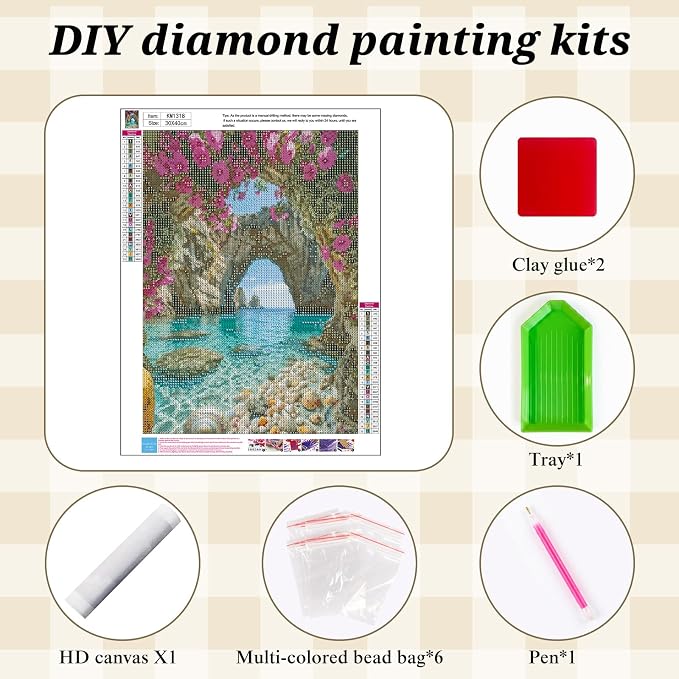 Ocean Flower Diamond Painting Kits for Adults, Landscape Diamond Art Kits | DIY Full Round Drill Gem Painting Coastal Beach Paint by Diamonds Relaxing Craft for Home Wall Decor 12x16In
