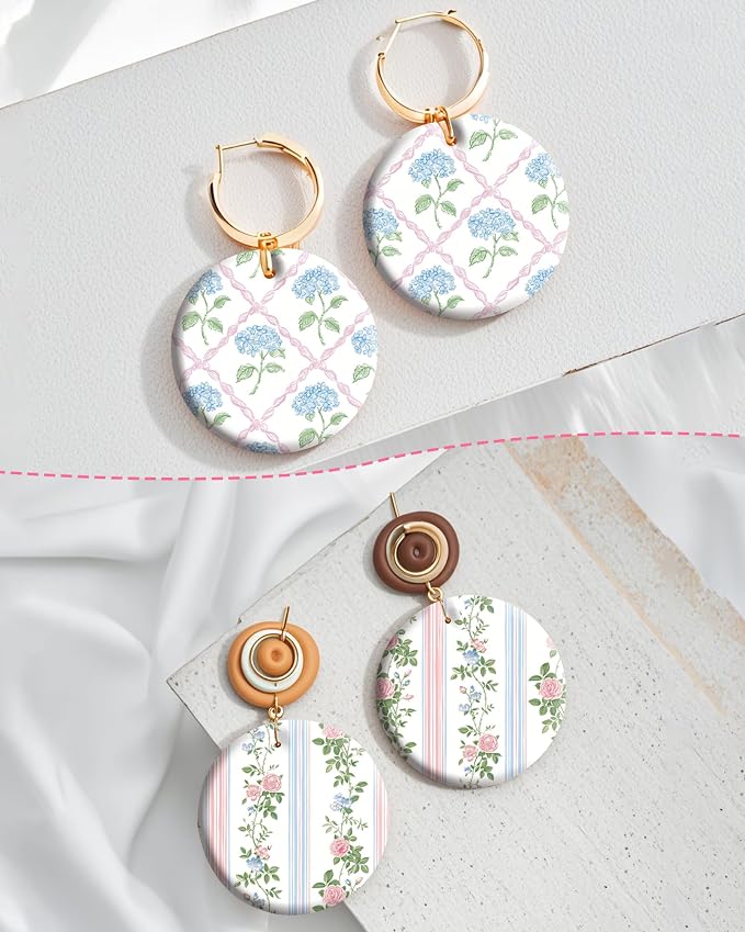 Flowers Polymer Clay Transfer Paper - 18 Pcs Spring Floral Gingham Polka Checkerboard Clay Transfer Sheets for Earrings Jewelry Making