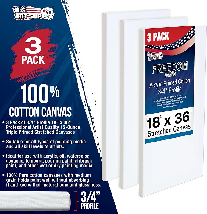 U.S. Art Supply 18"x36" Stretched Canvas for Painting, 3/4" Profile, 3-Pack