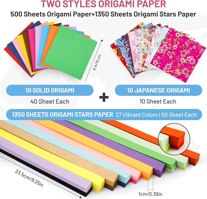 AluAbi Origami Paper Kit 500 Sheets & 1350 Star Strips for Kids 5-12
