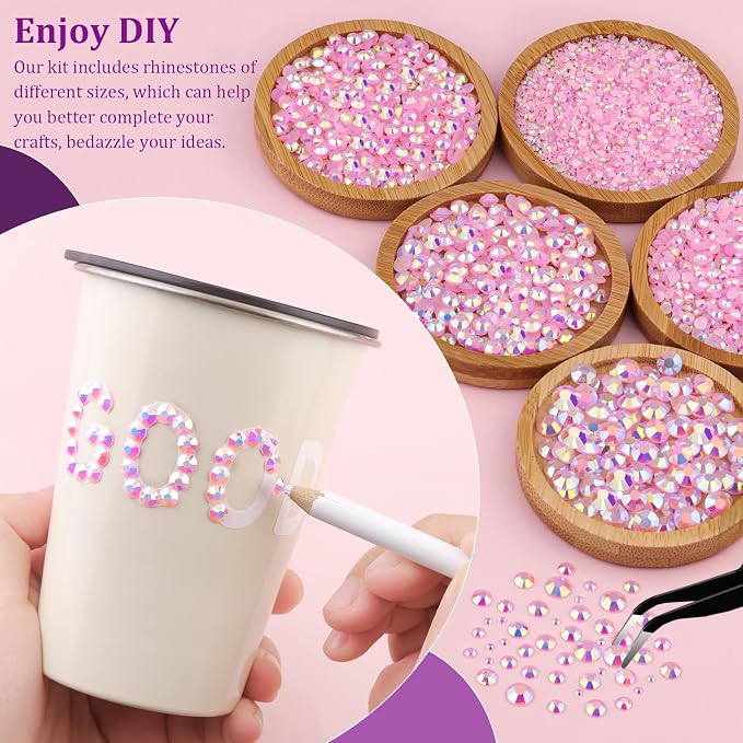 Resin Jelly Rhinestones for Crafting with B7000 Jewelry Glue, 1 Box Light Pink AB Flatback Crystal with 3Pcs 10ml Glue, Bedazzling Non Hotfix Gems for DIY Tumblers Clothing Shoes Manicure