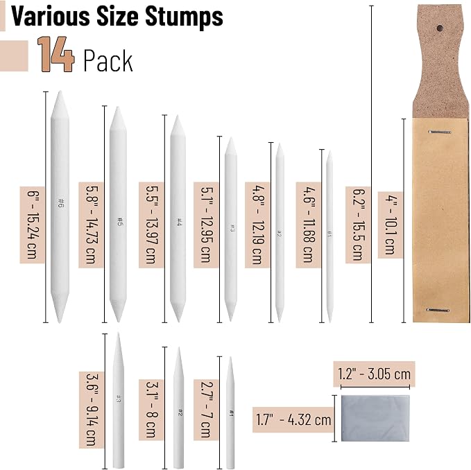 Mr. Pen - 14 Pack of Blending Stumps, Art Eraser, Blending Sticks for Drawing, Shading Pencils for Sketching | Tortillions Paper Art Blenders with Sandpaper Sharpeners & Kneaded Eraser for Beginner Art, Paper Stumps for Shading