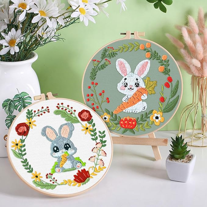 ERKOON 4 Sets Embroidery Kit, Animal Cross Stitch Set for Include Embroidery Cloth Hoops Threads for Craft Lover Hand Stitch (Rabbit)