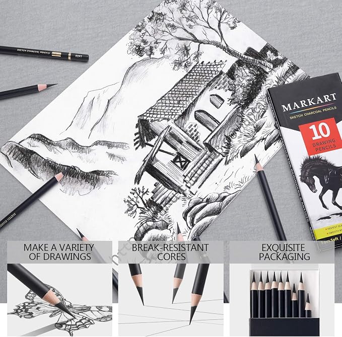 MARKART Professional Charcoal Pencils Drawing Set, 10 Pcs Soft Medium Hard | Charcoal Pencils for Drawing, Sketching, Shading, Artist Pencils for Beginners & Pro Artists