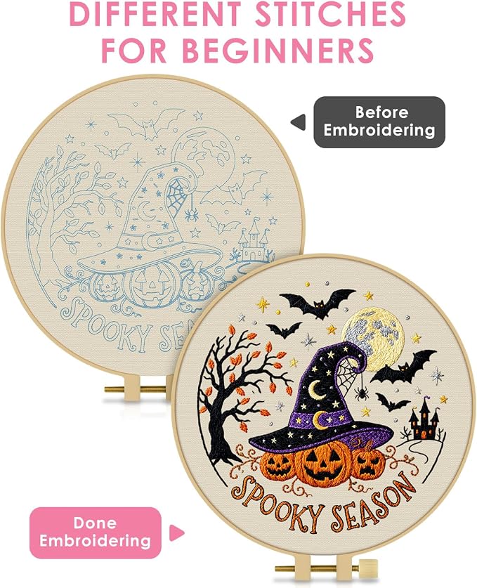 TINDTOP Halloween Embroidery Kit for Adult, Embroidery DIY Starter Kit, with Stamped Patterns, Hoop, Tools, Colorful Threads with Needles, Instructions (Halloween A)