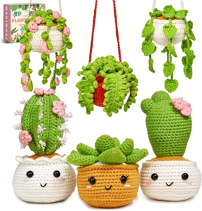 MAGIMUSE Crochet Kit for Beginners, Crochet Starter Kits, Amigurumi Craft Knitting Crocheting Kits with Step-by-Step Video Tutorials, 6 Pack Hanging Potted Plants Family(40%+ Yarn)