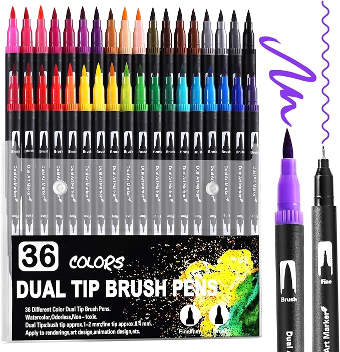 36 Colors Dual Tip Watercolor Markers Pens for School Supplies-Brush & Fine | Coloring Markers No Bleeding for Adult Coloring Books Calligraphy Card Making Sketching Journaling Note Taking Planner Travel