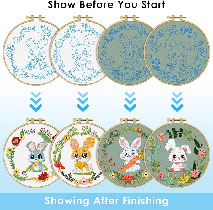 ERKOON 4 Sets Embroidery Kit, Animal Cross Stitch Set for Include Embroidery Cloth Hoops Threads for Craft Lover Hand Stitch (Rabbit)