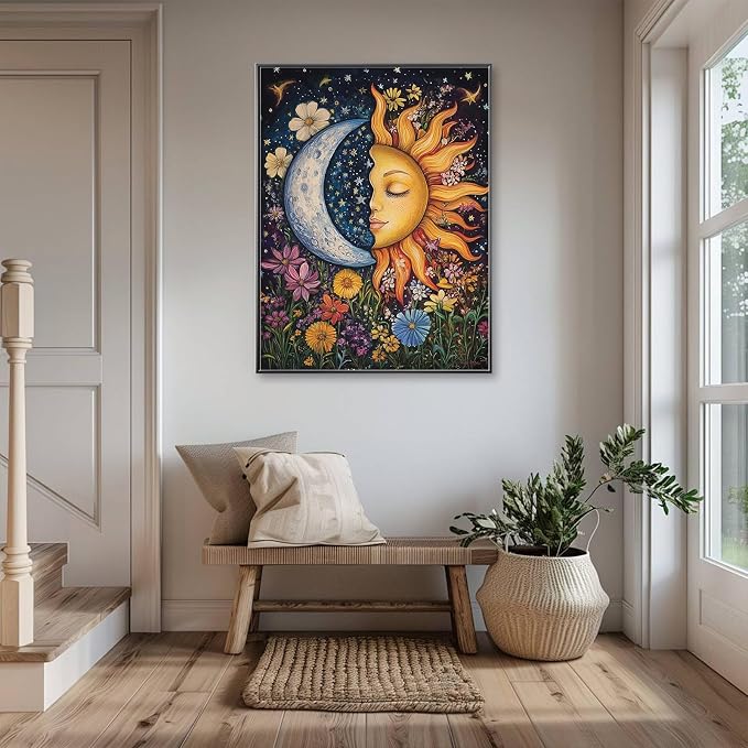 Sun&Moon Diamond Art Kits for Adults,Flowers Diamond Painting Wall Decor