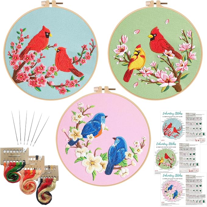 Nuberlic 3 Pack Embroidery Kit for Beginners with Cardinal & Blue Bird