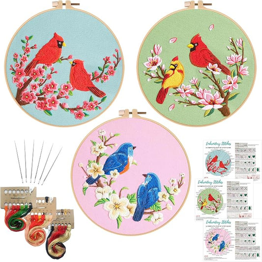 Nuberlic 3 Pack Embroidery Kit for Beginners with Cardinal & Blue Bird