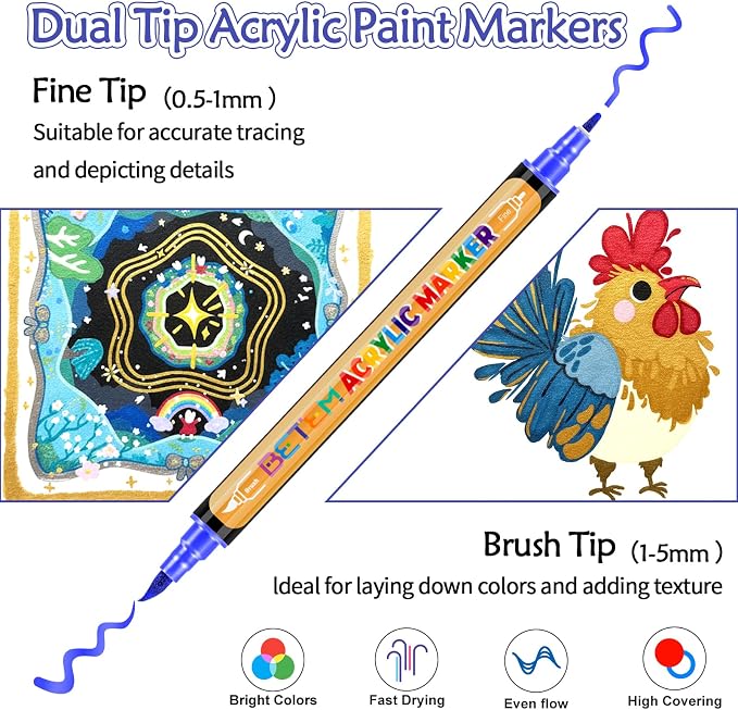Betem 30 Metallic Paint Markers for Glass, Dual Tip Acrylic Paint Pens | Window, Fabric, Wood, Rock, Canvas, Acrylic Markers with Fine & Brush Tip, Art & Craft Supplies, Wine Glass Markers