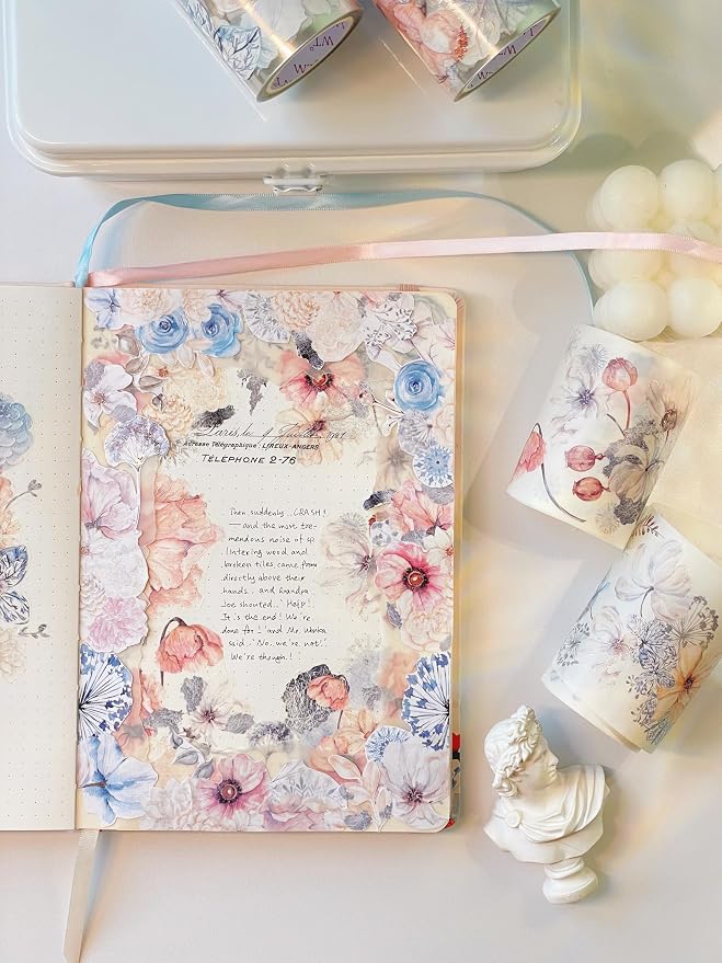 WT Frostbloom Wide PET Tape, Single Roll, Original Winter Floral Designs, Clear Transparent Adhesive Tape – Not Pre-Cut, for Junk Journals, Scrapbooks, Bujo, Planners, DIY Crafts, Art Stationery
