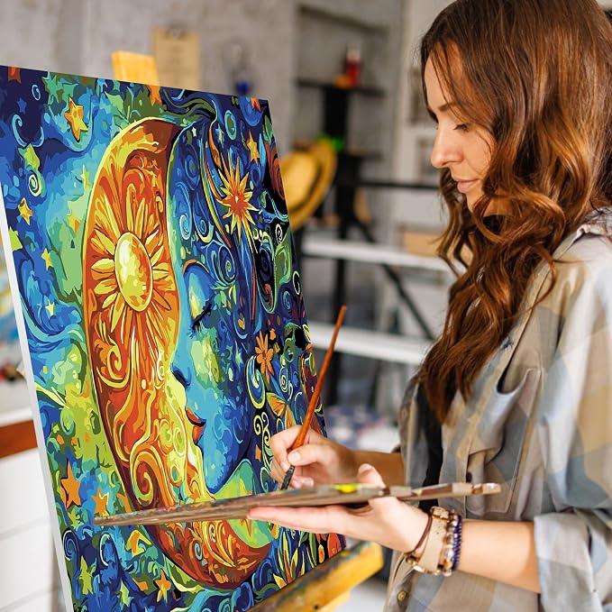 Paint by Numbers Kit for Adults, Sun and Moon Number Painting, 16 x 20 Inch | DIY Adult Paint by Number Kit on Canvas for Beginners, without Frame, Fantasy Wall Decor, Stress Relief Craft Gift