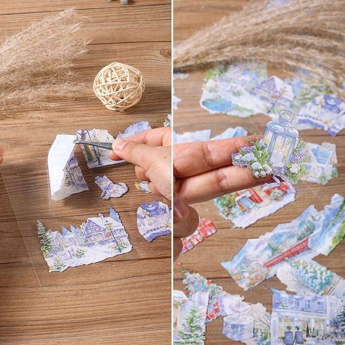 PET Winter Landscape Stickers 20 Sheets 150 Pre-Cut Stickers for Scrapbooking Scrapbook Supplies Transparent Sticker for journaling