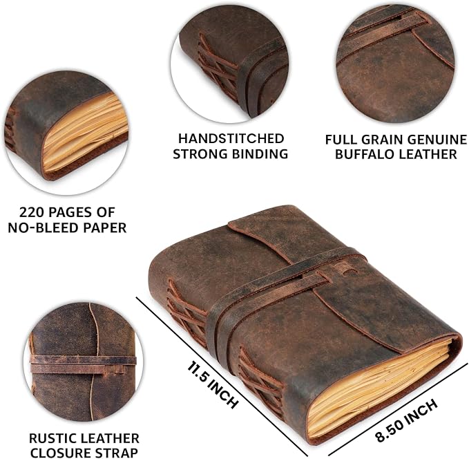 LEATHER VILLAGE Leather Bound Notebook Edge Cut, Rustic Brown A4.