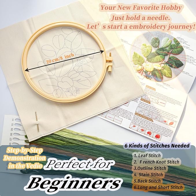 FONNUY Green Plants Embroidery Kit, Cross Stitch Kits for Beginners, Handmade Crafts with Printed Patterns for Beginner Adults, Easy to Follow Color Thread Needlework, 8'' Hoop (Luxuriant)
