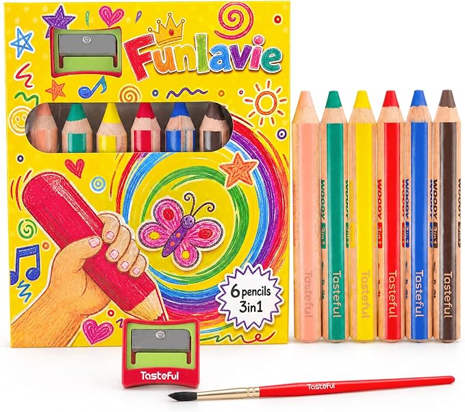 3 in 1 Colored Pencils Set, 6 Jumbo Fat Watercolor Crayons & Coloring Pencils Combo,Easy-Grip Non-Toxic Art Supplies with Sharpener & Water Brush for Beginners and Adults