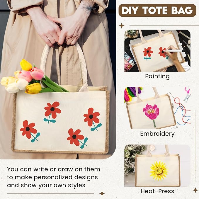Sweetude 4 Set Jute Burlap Tote Bag with Canvas Makeup Pouch Reusable DIY Craft Blank Gift Bags for Wedding Bridesmaid(Simple,Beige)