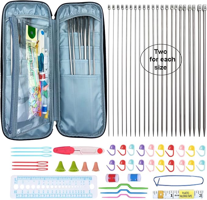 Mdoker Aluminum Knitting Needle Set with Case 22pcs Straight Single Pointed Kniting Needles 13.5inch Length Sweater Needles for DIY Knitting Projects(2mm-8mm) Knitting Set with Accessories