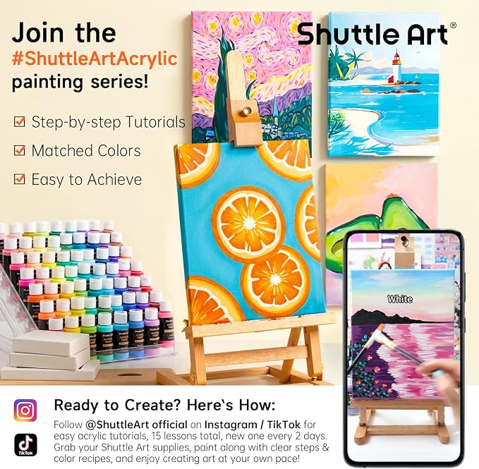 Shuttle Art Acrylic Paint, 42 Colors Acrylic Paint Set with 12 Brushes, 2oz/60ml Bottles, Rich Pigmented, Water Proof, Premium Paints for Artists, Beginners and Kids on Canvas Rocks Wood Ceramic
