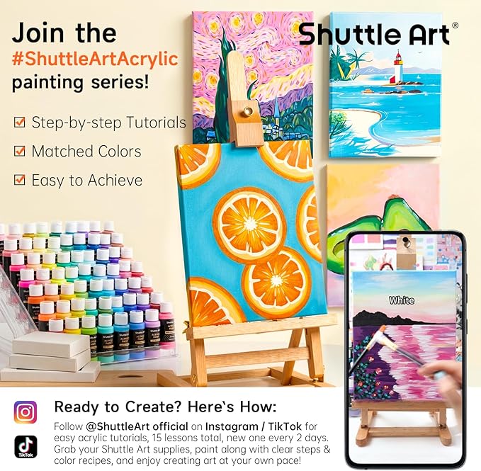 Shuttle Art 80 Colors Acrylic Paint, Acrylic Paint set with 12 Paint Brushes, 2oz/60ml Bottles, Rich Pigmented, Premium Paints for Artists, Beginners and Kids on Canvas Rocks Wood Ceramic